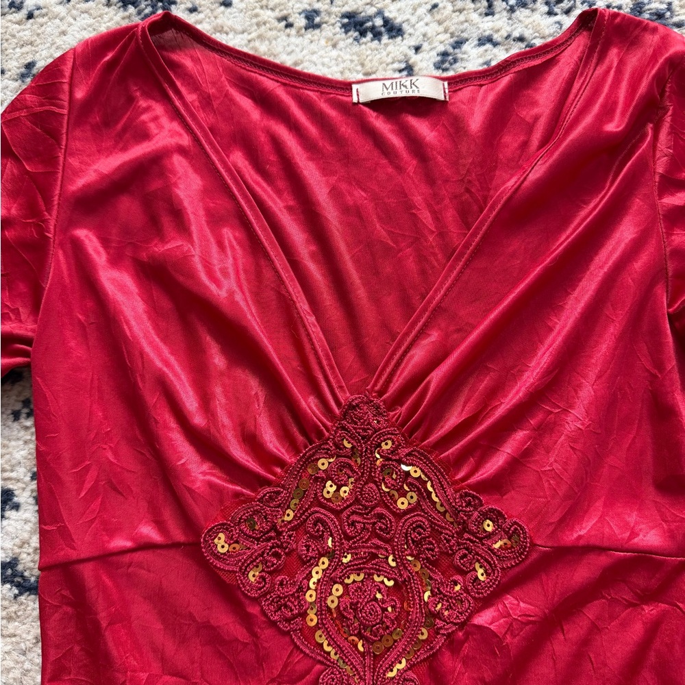 MIIK couture red V-Neck Embellished Women's Top - Picture 2 of 5